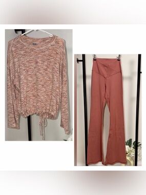 Aerie Cozy Lounge Set | Pink Flare V Waist Pants and Drawstring Knit Top Set | M